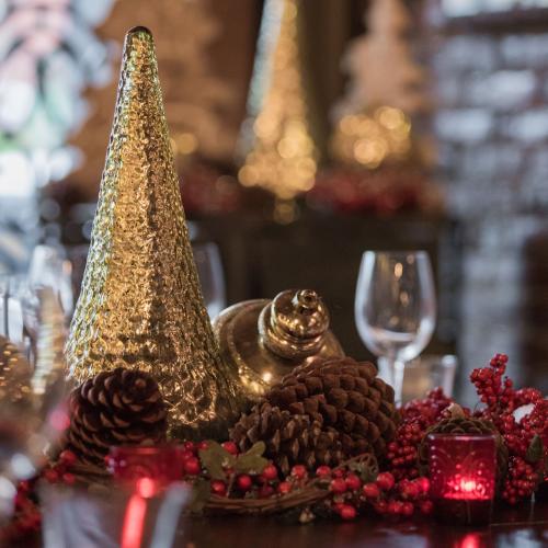 winter and holiday decorations set on a table