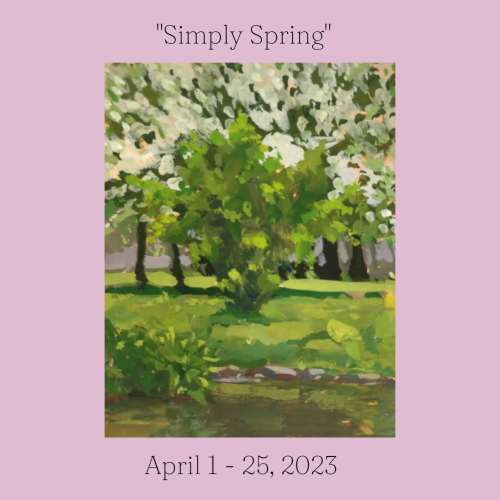 Watercolor painting of springtime scene with trees with white blossoms