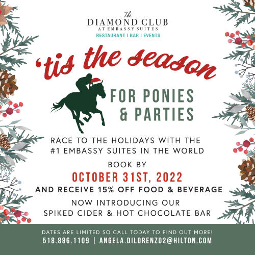 Red and green flyer with horse silhouette advertising holiday parties