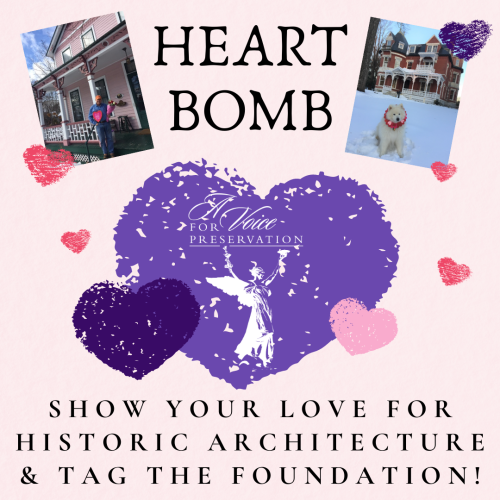 Promotional flyer with hearts and photos of historic architecture