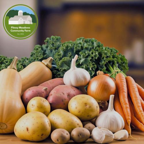 onions, carrots, squash, kale, garlic, potatoes in a pile