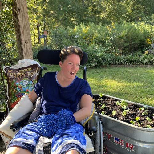 PJ Paulsell at home with her mom's container garden.