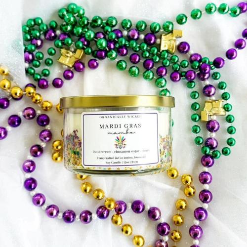 Organically Wicked's "Mardi Gras Mambo" candle and beads