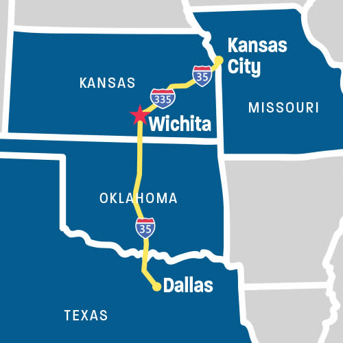 A map shows the route from Dallas to Wichita and Kansas City to Wichita