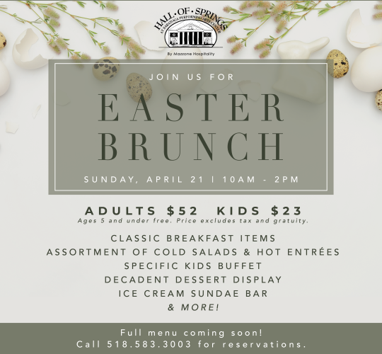 Hall of Springs Easter Brunch Menu in green with logo