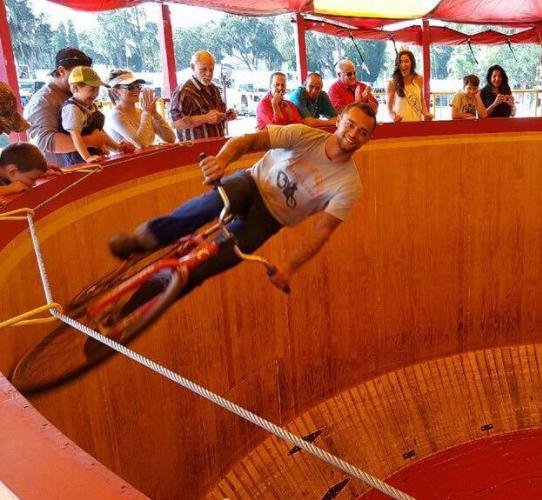 Saratoga Co. Fair Wild Wheels rider sideways on his bike