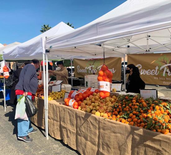 customers buying fruits and vegetables from a market stand vendor