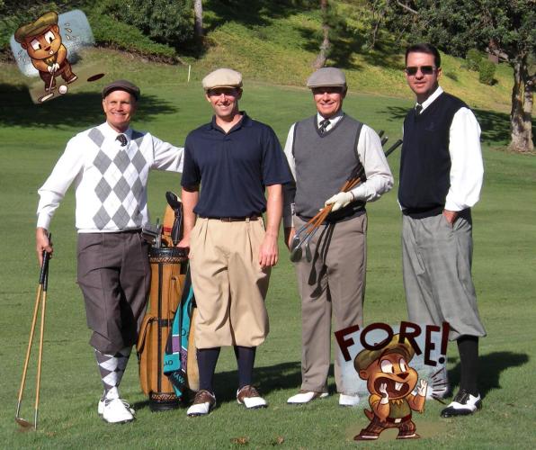 Golf foursome in knickers, vests, hats and argyle socks with old fashioned clubs