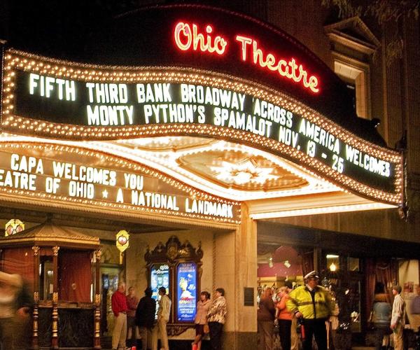Lit-up sign at the Ohio Theatre at night