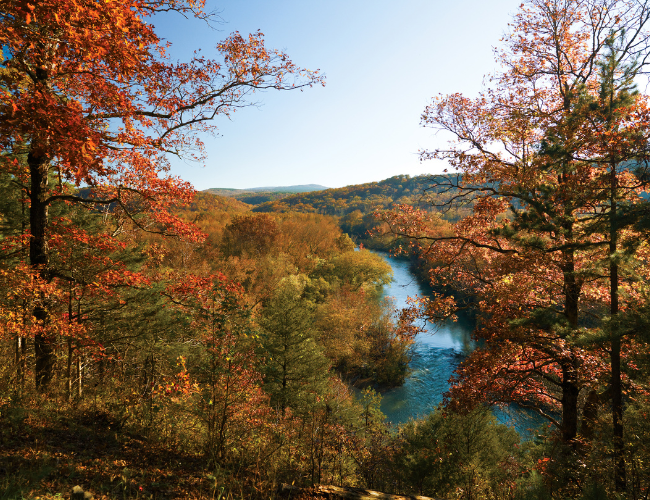 Beautiful fall view of the Mulberry River overlook in Arkansas.