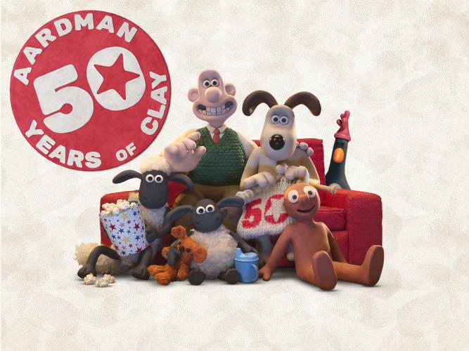 Aardman 50 Years of Clay poster: Wallace, Gromit, Shaun The Sheep, Feathers McGraw and Morph