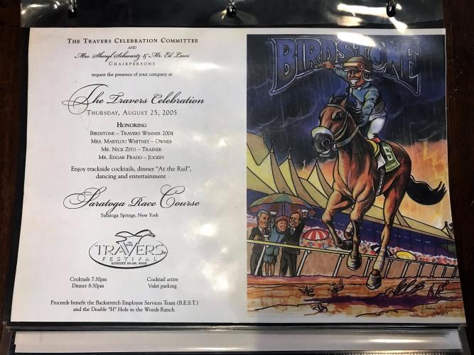 Hud Armstrong Travers party invite with text on left and photo of jockey on Birdsong on the right.