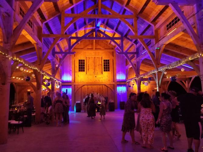 Juniper Springs barn interior lit up at night