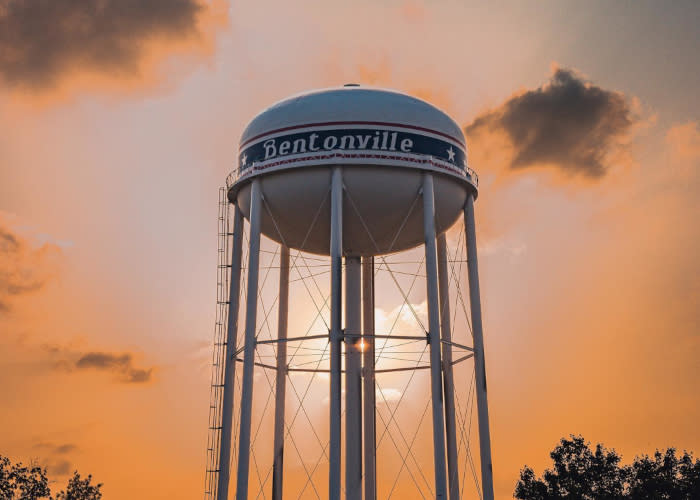 Sunset and the iconic Bentonville water tower