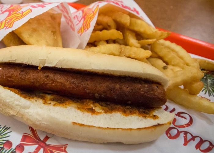 A hot dog, fries, and pierogies at Yocco's