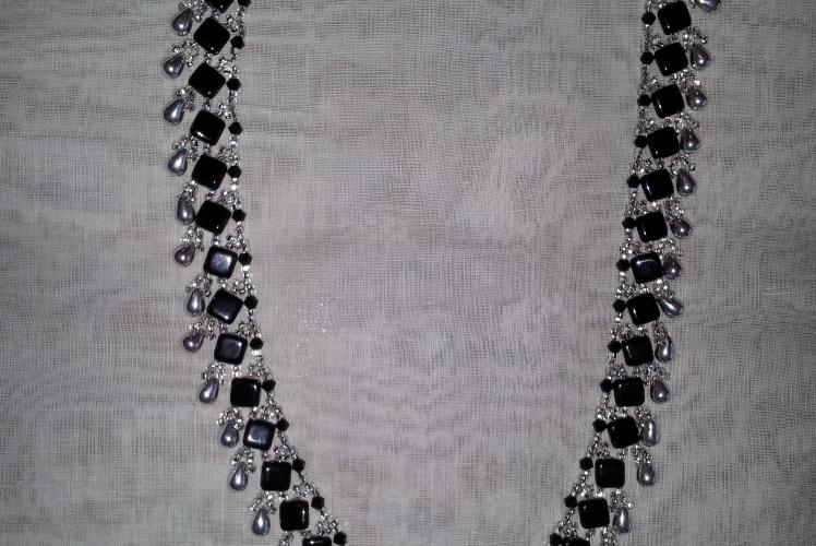 black and silver necklace with tila beads