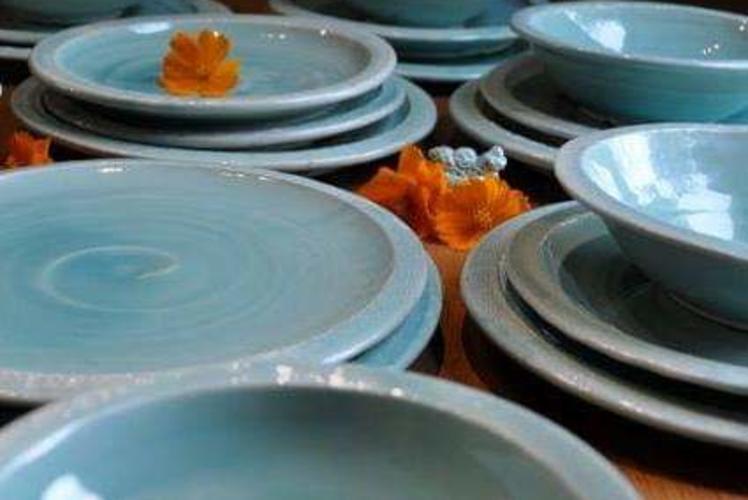 Close Up Blue Bowls and Plates