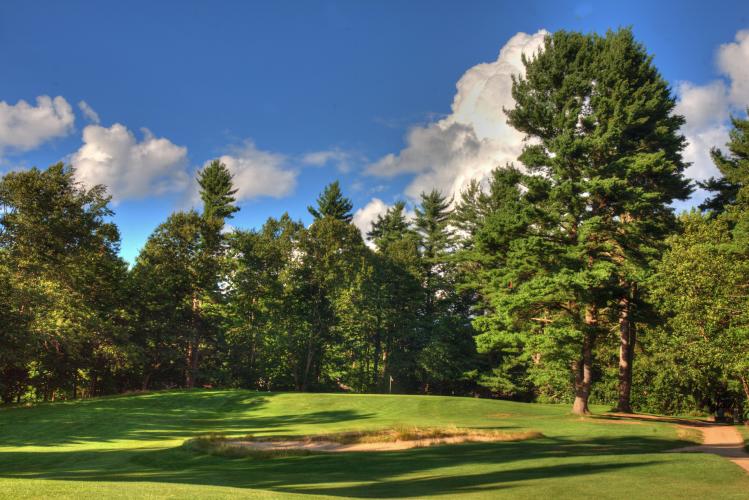 10th hole at McGregor Links with lush grass, pine trees and blue sky with white puffy clouds