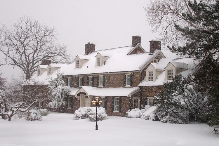 A breathtaking snow-covered Pearl S. Buck House in winter stands as a memorial to Pearl S. Buck, the author of The Good Earth who dedicated her life to helping underpriviledged children.