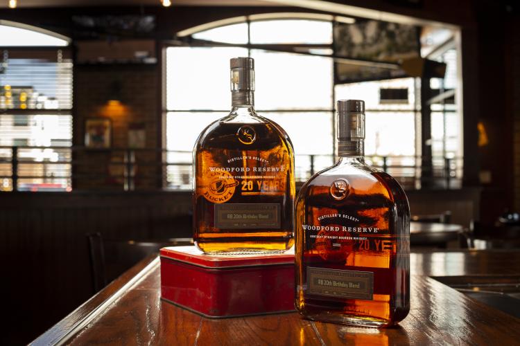 Two bottles of special edition Woodford Reserve bourbon from Rusty Bucket