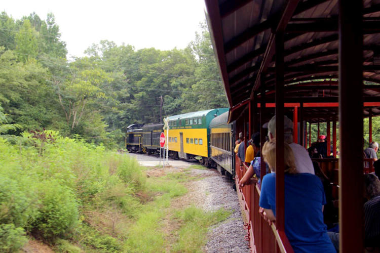 A family safely leans against the railing of a restored locomotive to get a good view of the green scenery rolling past.