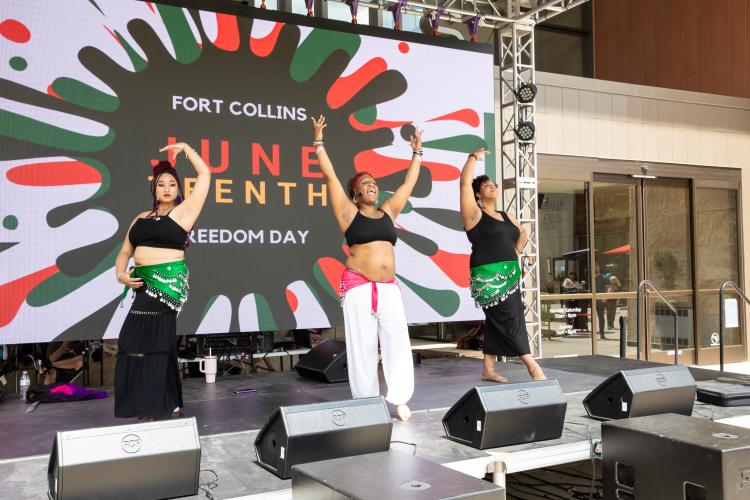 Dancers teach a class at Juneteenth event at Foothills Mall