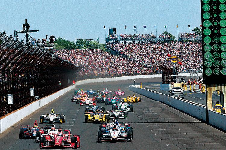 Cars racing on the Indianapolis Motor Speedway