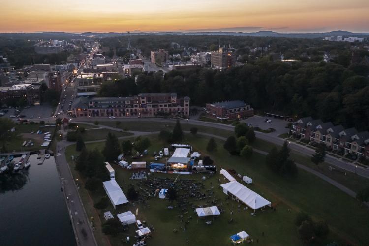 Aerial view of Blue's Fest at Mattson Lower Harbor Park in Marquette