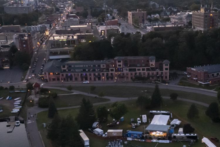 Aerial view of Blue's Fest at Mattson Lower Harbor Park in Marquette
