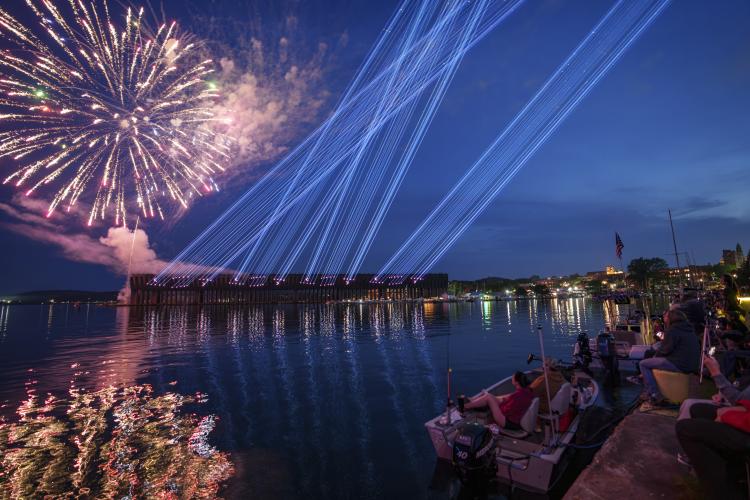 Laser show on Ore Dock and fireworks over Lake Superior during Marquette's Fourth of July celebration