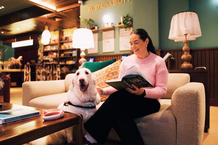 Woman reading a book beside her golden retriever in a dog-friendly hotel lounge in Belfast