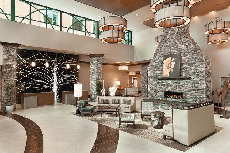 Embassy suites lobby- sitting area and fireplace