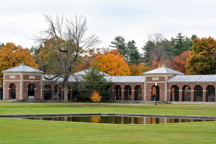 Bright orange trees standing behind the Hall of Springs