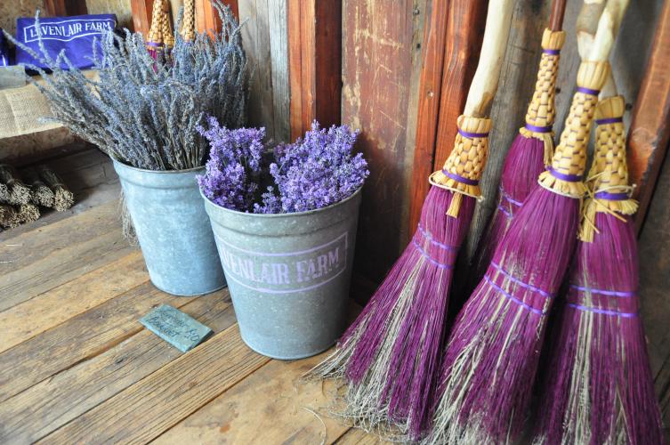 Lavender brooms and cut bouquets in the gift shop at Lavenlair Farm