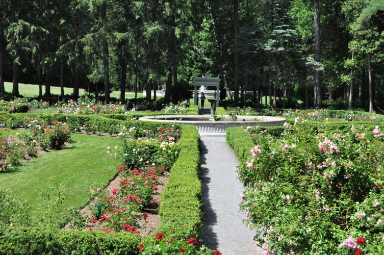Garden view looking toward the exit archway, at Yaddo Gardens