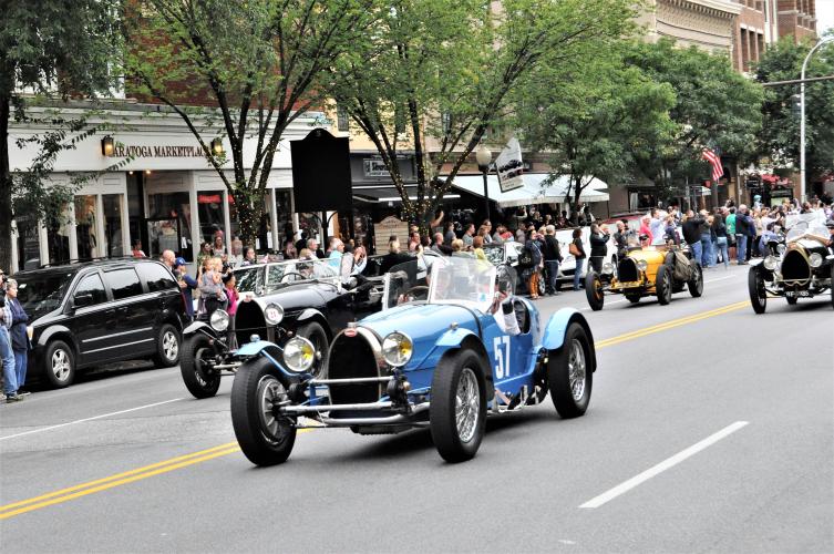 Blue convertible Bugatti car 4 parade