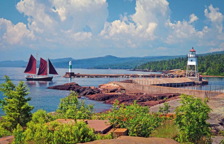 Grand Marais Harbor 2 lighthouses and Hjordis sailboat