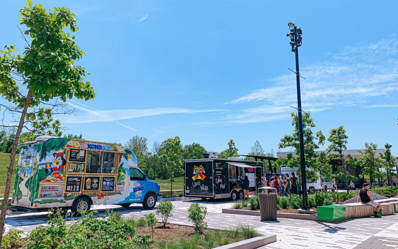 Food trucks lined up at Switchyard Park for Food Truck Friday
