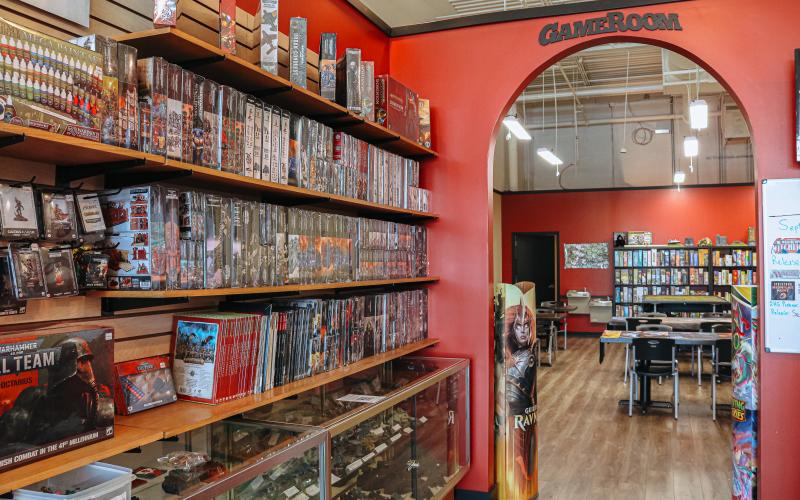 Game items for sale and a peek into the game room at The Game Preserve