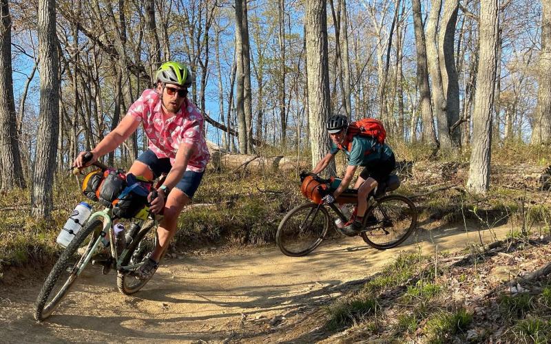 Two men mountain biking at the Hoosier National Forest