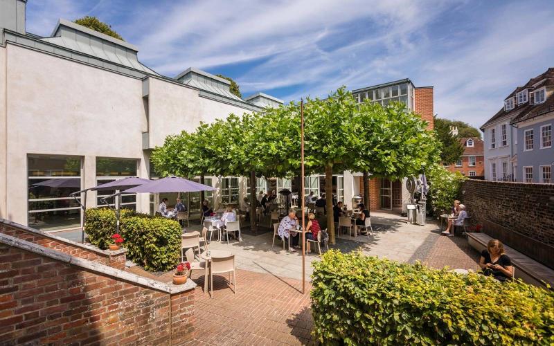 A picture showing a courtyard with greenery growing over a pergola