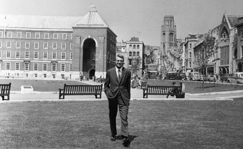 A black and white image of Cary Grant in front of Bristol City Hall on College Green - credit Bristol Post