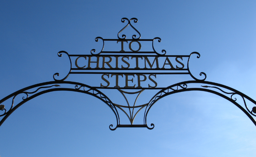 A view of the Christmas Steps sign in central Bristol
