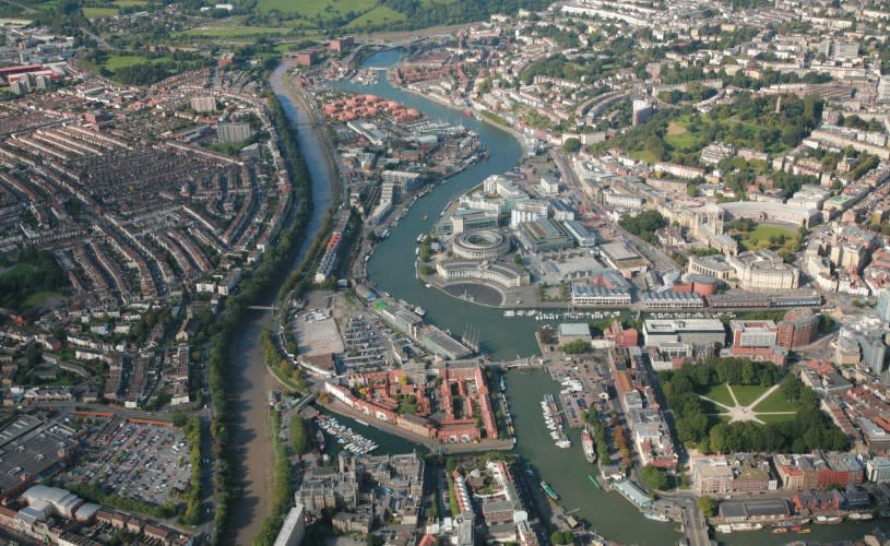 An aerial view of Bristol Harbourside & the New Cut