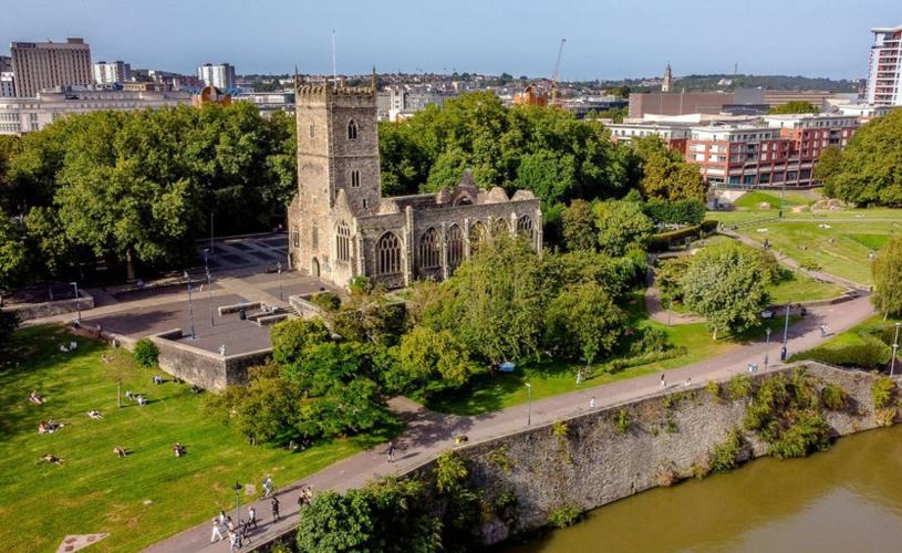 An aerial view of Castle Park and St Peter's Church in central Bristol