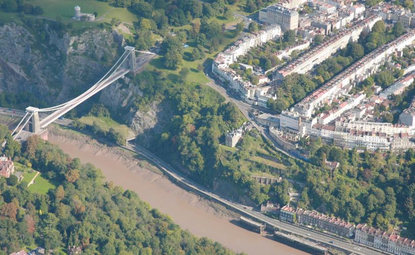 An aerial view of the Clifton Suspension Bridge & Clifton Village in West Bristol - credit Visit Bristol