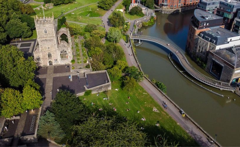 An aerial view of Castle Park and Finzels Reach in central Bristol