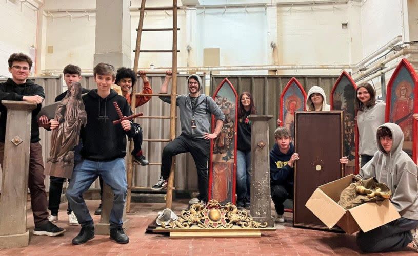 Students repurposing sets from Wolf Hall: The Mirror and the Light at The Bottle Yard Studios, credit Picture Zero