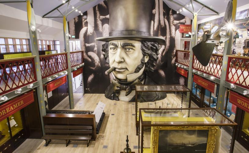 Exhibition space with large head of Brunel on wall