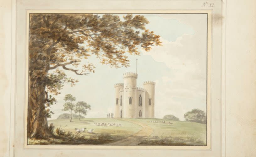 Historical watercolour sketch showing Blaise Castle atop its hill - credit Bristol Culture